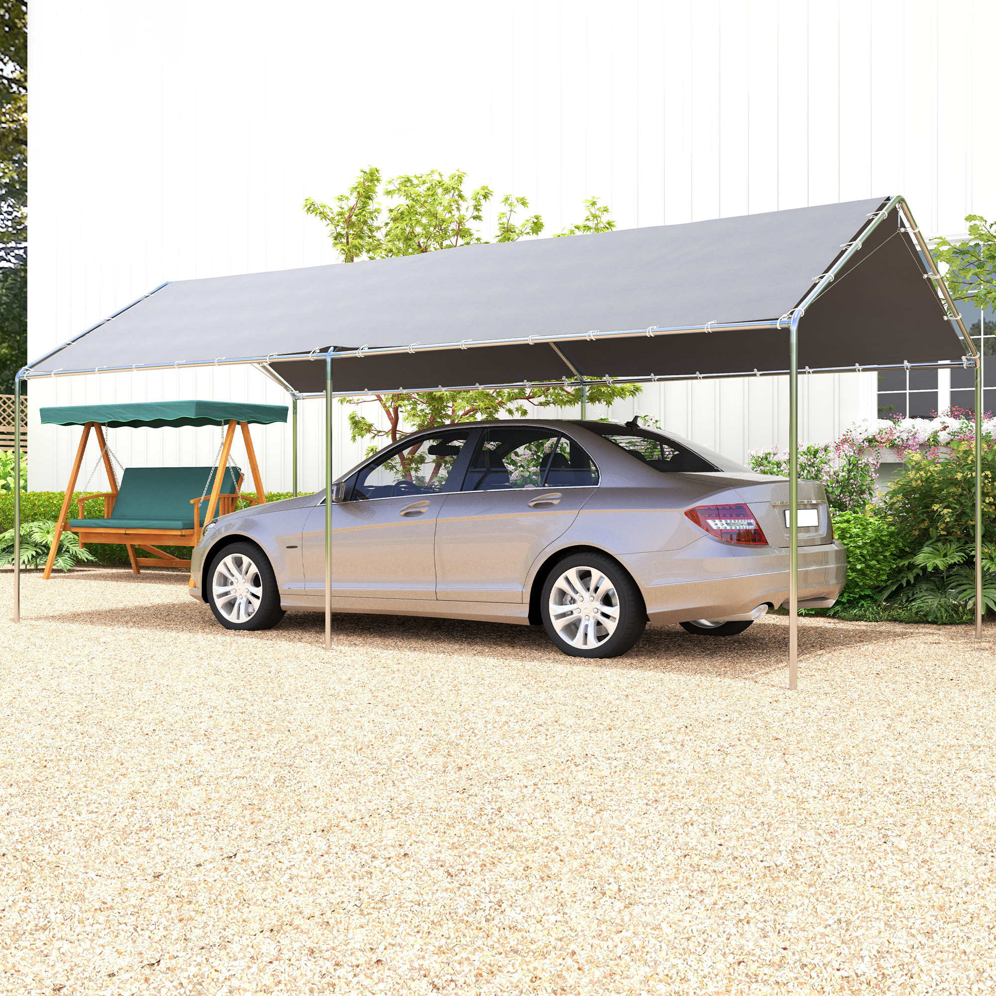 Cochera Exterior 3x6 m Carpa Garaje para Coche Impermeable con Toldo de Tela PE y Marco de Acero Galvanizado Pabellón Gazebo para Jardín Patio Gris