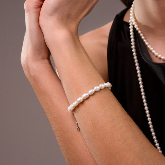 PERLAVIVA - Bracciale con Perle a Pepita d'Acqua Dolce Bianche Ø 6/7 mm in Argento 925 placcato Oro Bianco 18Kt