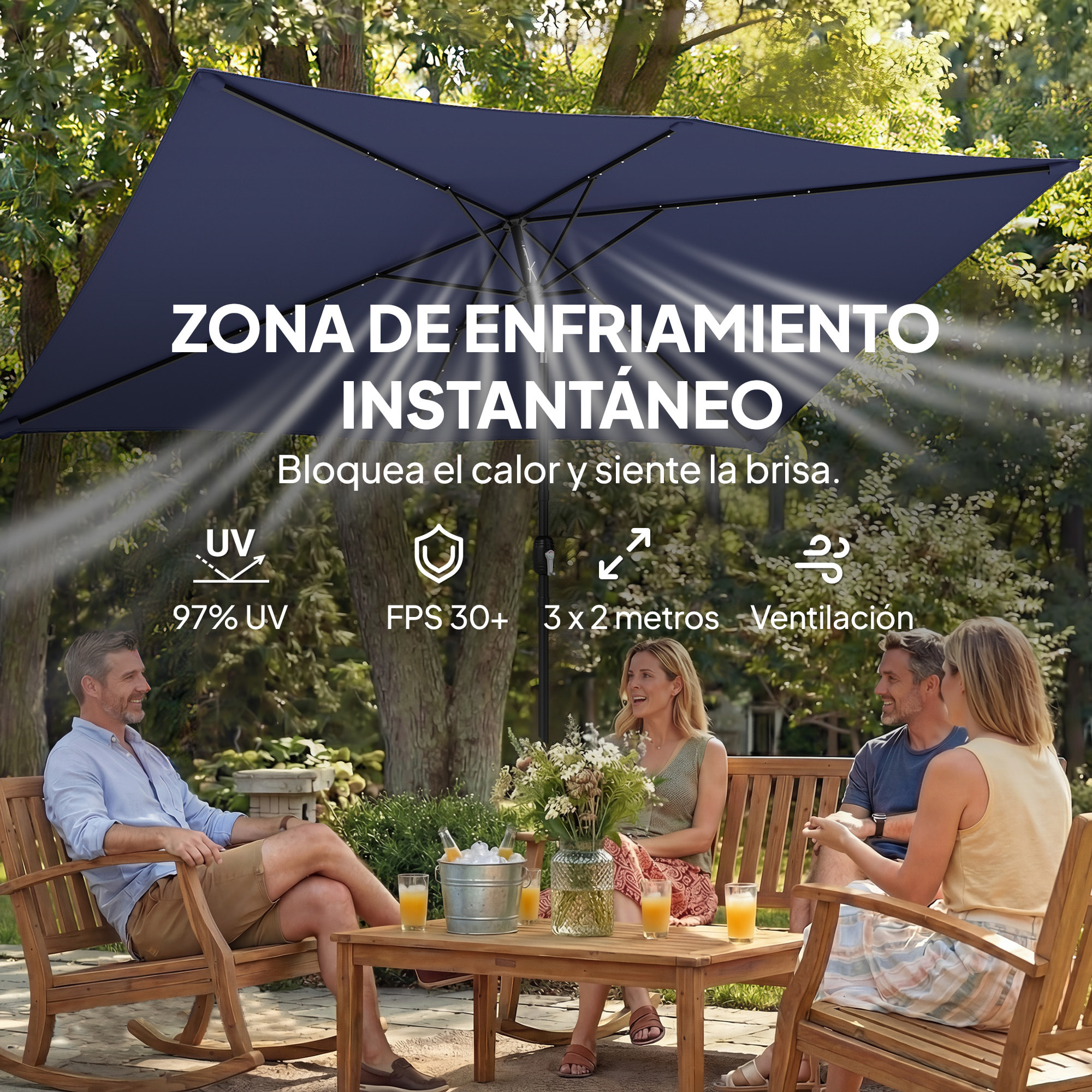 Sombrilla Terraza Exterior, 2,9x2,5 m, Sombrilla de Jardín con 24 Luces LED Solares, Dosel Inclinable, Poste Metálico, Parasol para Patio, Terraza, Azul Oscuro