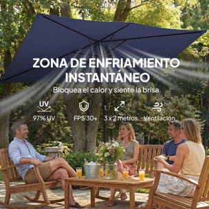 Sombrilla Terraza Exterior, 2,9x2,5 m, Sombrilla de Jardín con 24 Luces LED Solares, Dosel Inclinable, Poste Metálico, Parasol para Patio, Terraza, Azul Oscuro