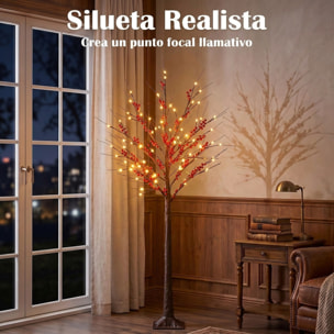 Árbol de Abedul Artificial 150 cm, Lámpara de Árbol con 96 Luces LED Blanco Cálido, Bayas Rojas, Temporizador y 12 Ramas Flexibles, Decoración Navideña para Interior y Exterior Cubierto, Marrón