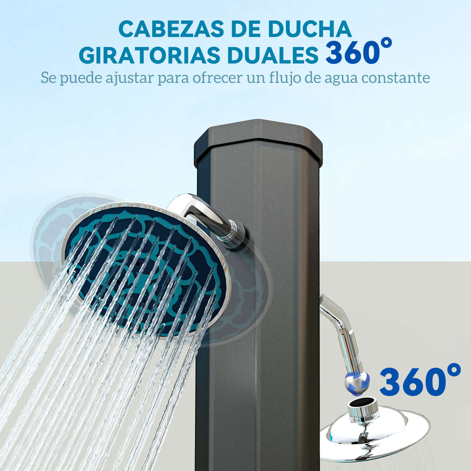 Ducha de Jardín Solar 35 L Ducha Solar Exterior con 2 Cabezales Giratorios Grifos de Pies y Agua Caliente Máximo 55 °C para Piscina Camping Patio 73x18x217 cm Negro