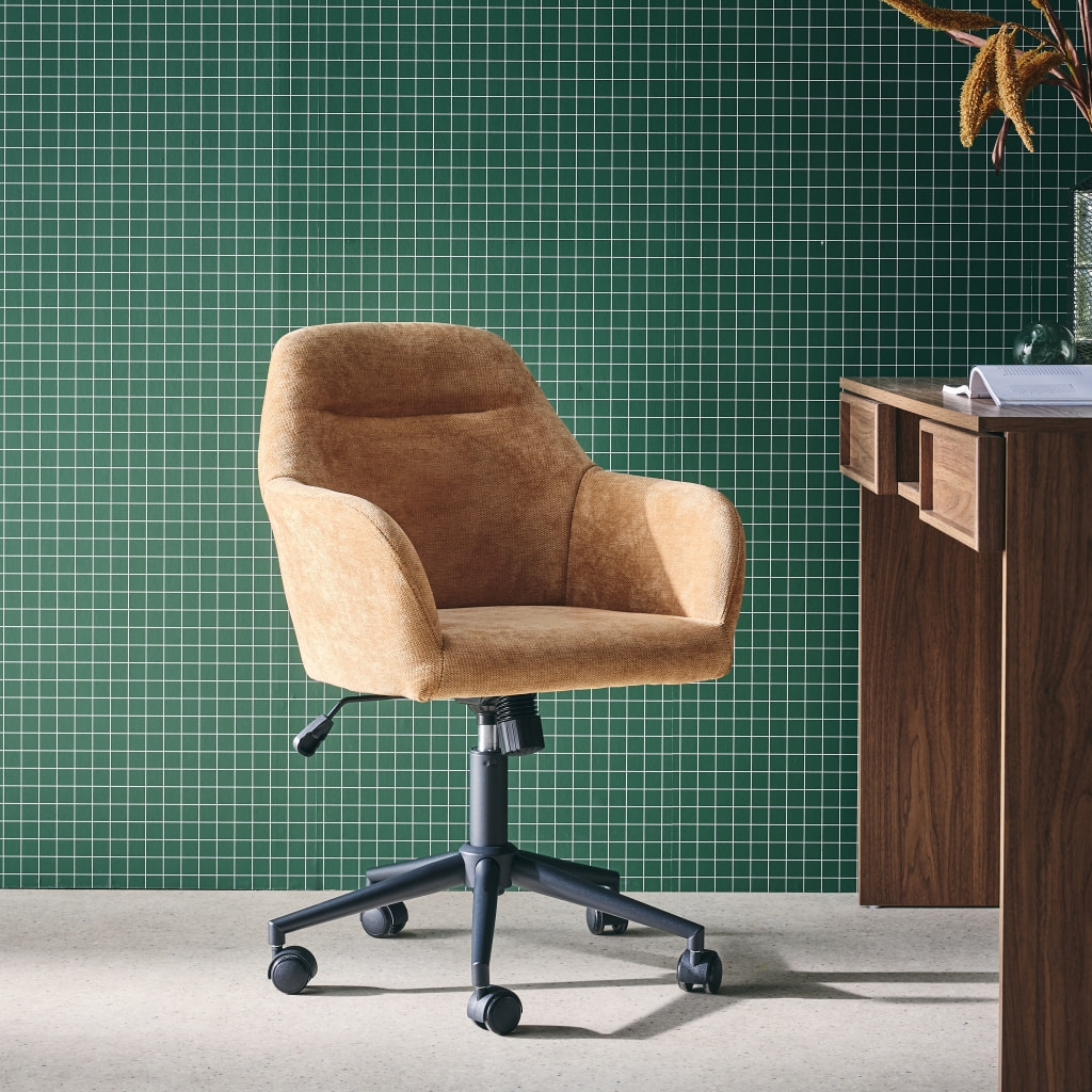 Chaise de bureau à roulettes ajustable métal et tissu camel - L 57 x P 57 x H 85/94.5cm - Stan