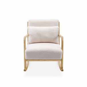 Fauteuil à bascule design en bois et tissu. bouclettes blanches. 1 place. rocking chair scandinave