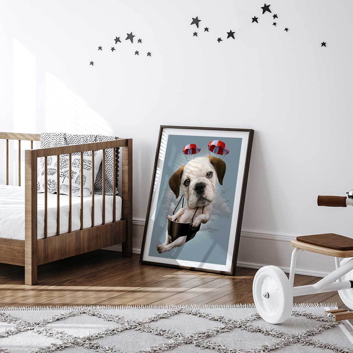 Affiche enfant chiot sur parachute  Affiche sous cadre noir