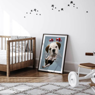 Affiche enfant chiot sur parachute  Affiche sous cadre noir