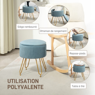 Pouf coffre style Art déco - piètement épingle acier doré assise velours bleu clair