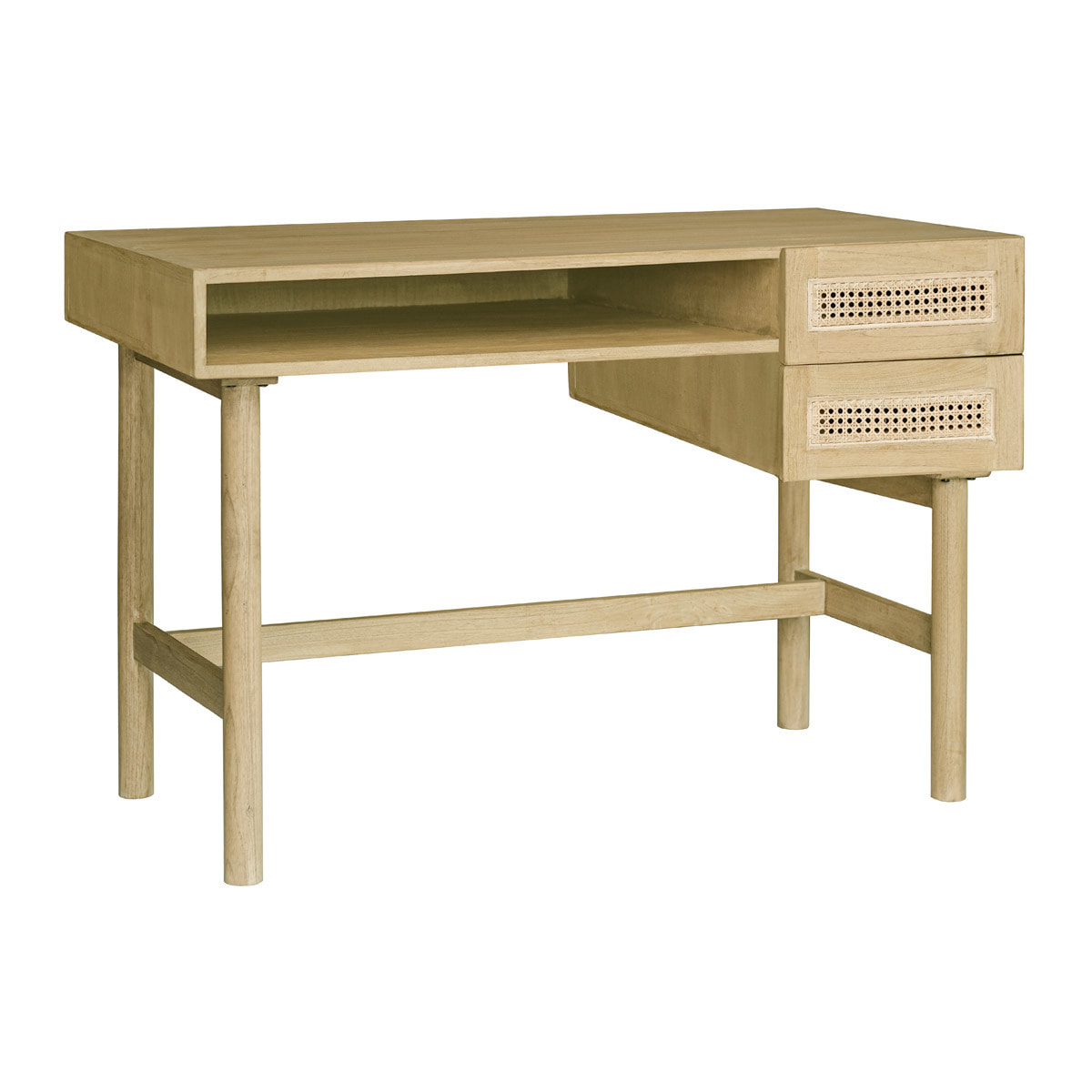 Bureau avec rangements 2 tiroirs bois clair et cannage rotin L120 cm GALINA