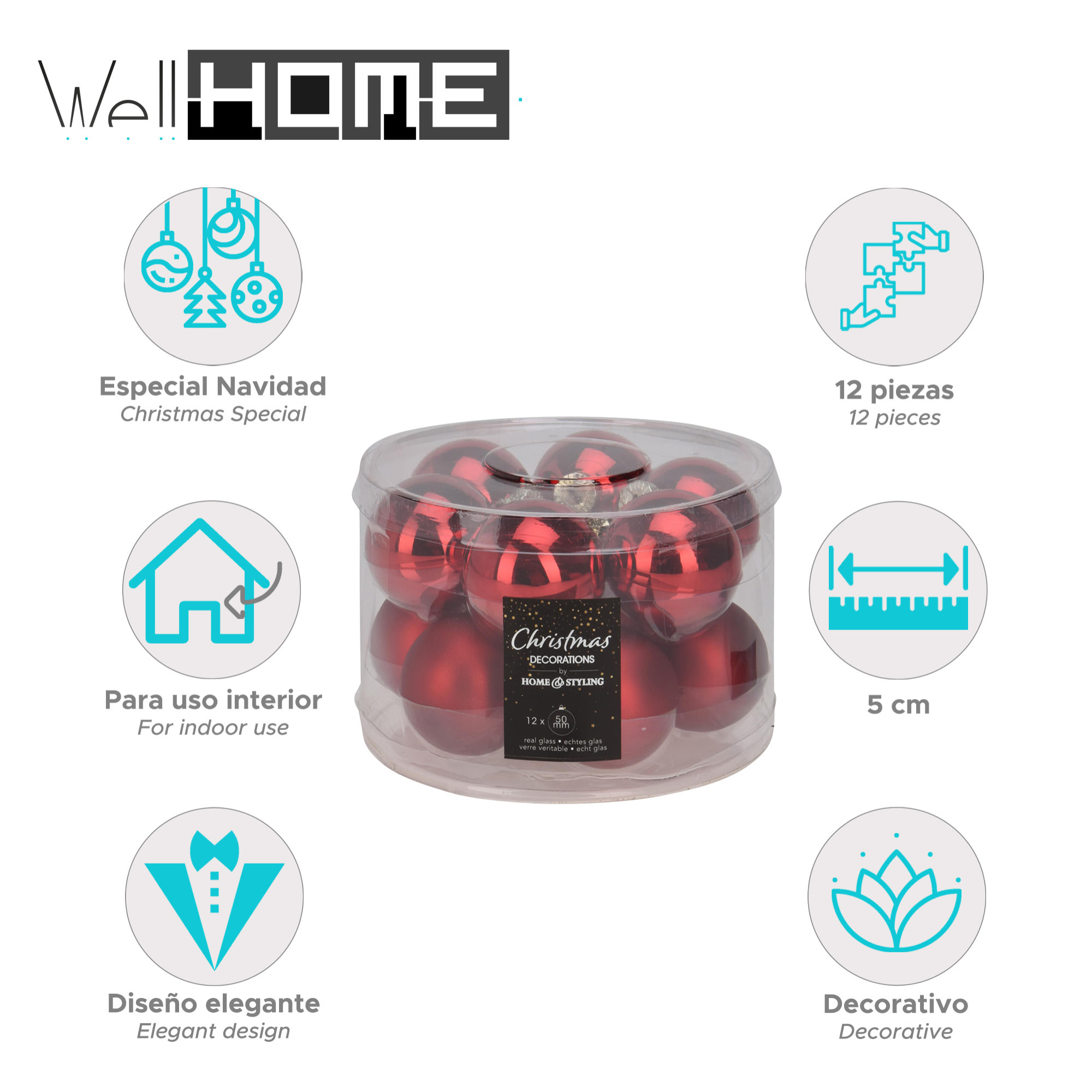 juego de 12 bolas de navidad color rojo 5cm - brillantes y mate