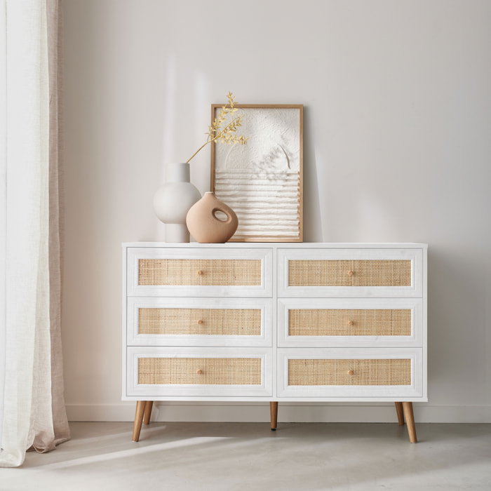 Commode décor bois et cannage 6 tiroirs BOHÈME