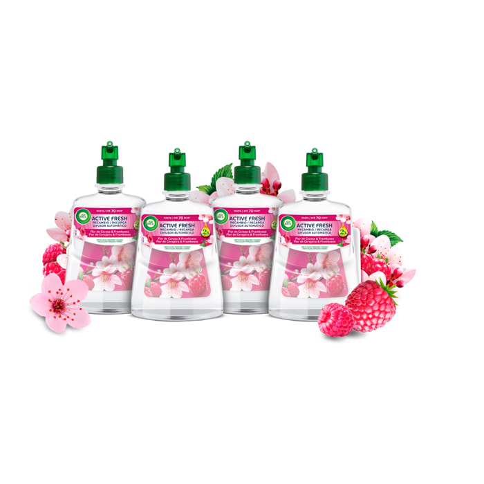 Air Wick Active Fresh Spray Automatico Sin Aerosol - Ambientador para casa con aroma a Flor de Cerezo y Frambuesa - 4 Recambios (4x228ml)