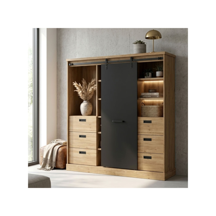 Buffet haut et large avec LED en bois effet chêne et noir - FACTORY