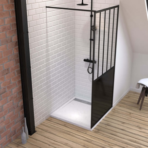 Pack Paroi de douche 90x200 cm noir mat + Receveur extra plat a poser 90X90 cm caniveau