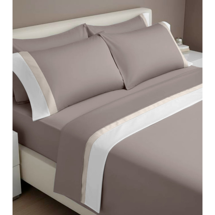 Completo letto doppia balza RASO IPERSAN Puro Cotone Bianco/Panna fondo Tortora