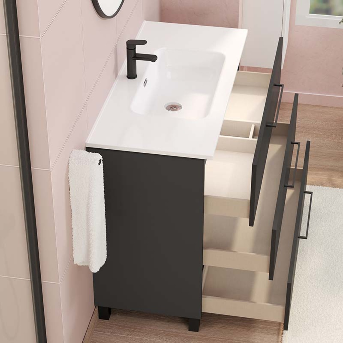 Conjunto de baño Haru | Mueble de baño con patas | 100 cm Negro| Tres cajones | Lavabo encastrado | No incluye espejo | Alday