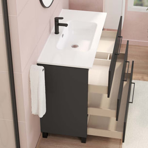 Conjunto de baño Haru | Mueble de baño con patas | 100 cm Negro| Tres cajones | Lavabo encastrado | No incluye espejo | Alday