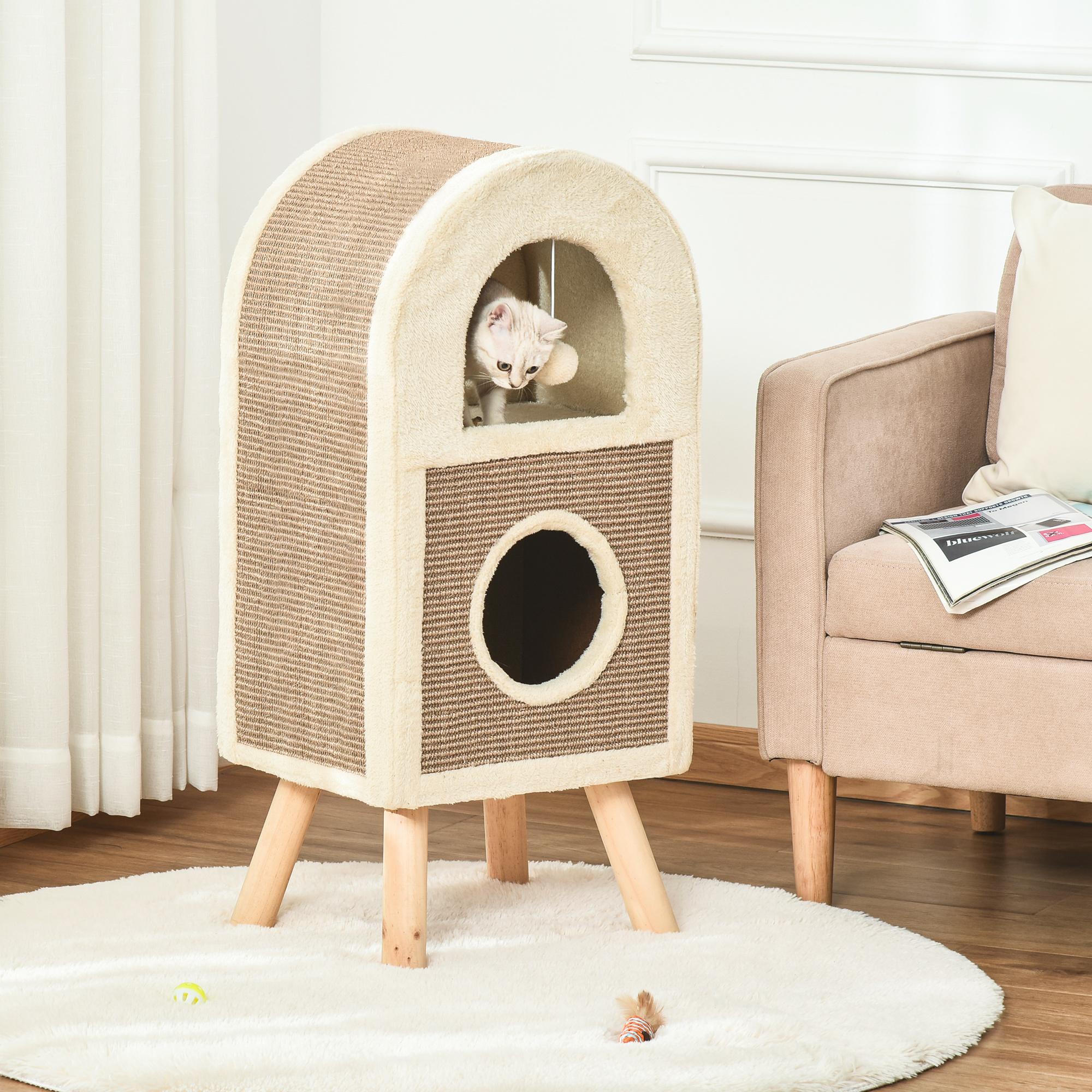 Árbol Rascador para Gatos de 2 Niveles con Cueva de Sisal Natural y Felpa Puerta Arqueada Bola de Juguete y 4 Patas Elevadas de Madera 40x34x91 cm Café