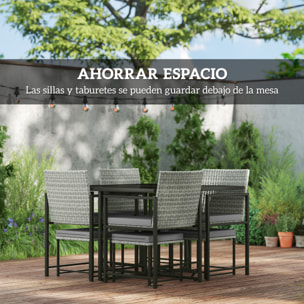 Conjunto de Muebles de Jardín Exterior de Ratán de 9 Piezas Conjunto de Jardin Exterior de Ratán Sintético con Mesa con Vidrio Templado 4 Sillas 4 Taburetes Impermeables Cojines Gris