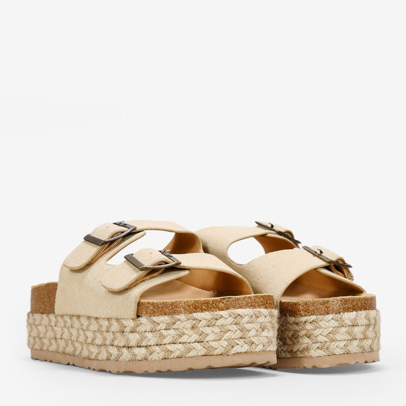 Sandalias de plataforma beige con suela de esparto bicolor