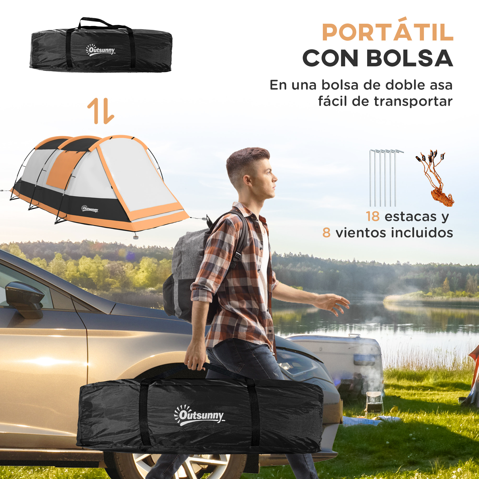 Tienda de Campaña Familiar para 3-4 Personas Tienda de Camping Plegable con 2 Habitaciones y Bolsa de Transporte Impermeable para Senderismo 370x220x130 cm Azul y Gris