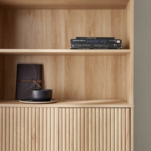 Bibliothèque décor bois rainuré et métal 2 portes BRAGA