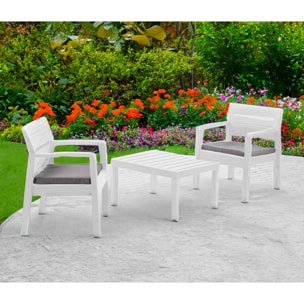 Set salotto da esterno Benevento, Set da giardino con 2 poltrone e 1 tavolino, Salottino indoor e outdoor con cuscini, 100% Made in Italy, Bianco