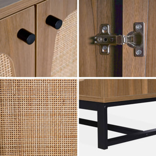 Buffet rétro décor bois foncé et cannage. buffet haut. vaisselier. 2 portes avec pieds en métal noir L100cm