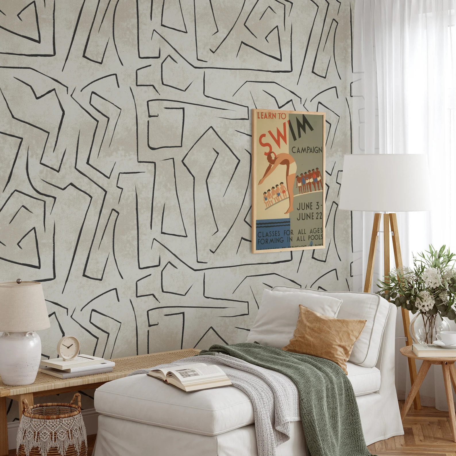 Carta da Parati Beige Graffiti con Strisce Nere Astratta