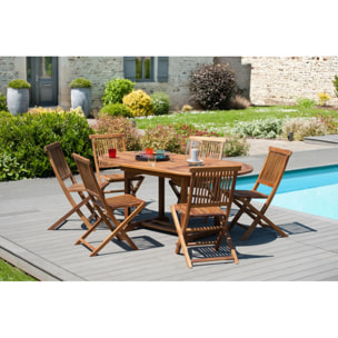 HANNA - SALON DE JARDIN EN BOIS TECK HUILE 4/6 pers : Ensemble de jardin -1 Table ovale extensible 120*180/90 cm et 6 chaises