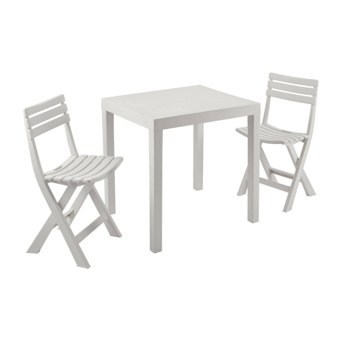 Set salotto da esterno Ortisei, Set da giardino con 1 tavolo rettangolare e 2 sedie pieghevoli, Set indoor e outdoor da Pic Nic, 100% Made in Italy, Bianco