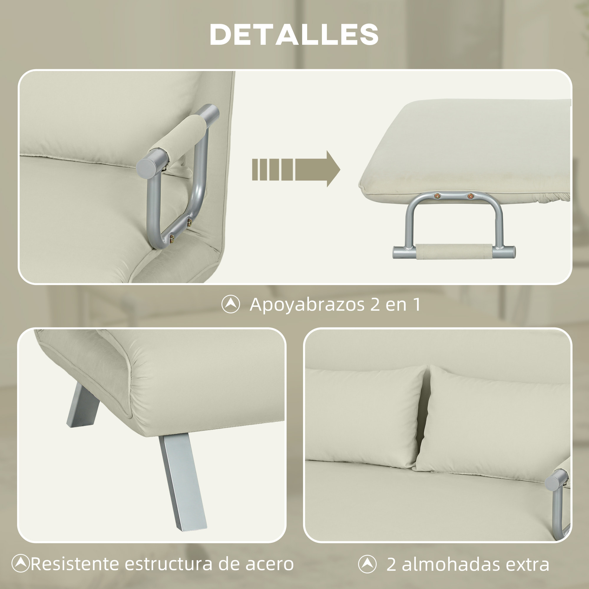 Sofá Cama de 2 Plaza 2 en 1, Sillón Cama Plegable Tapizado en Ante Sintético, con Respaldo Ajustable en 5 Niveles y 2 Almohadas Acolchadas, para Oficina, Dormitorio, Salón, 111x80x78 cm, Crema