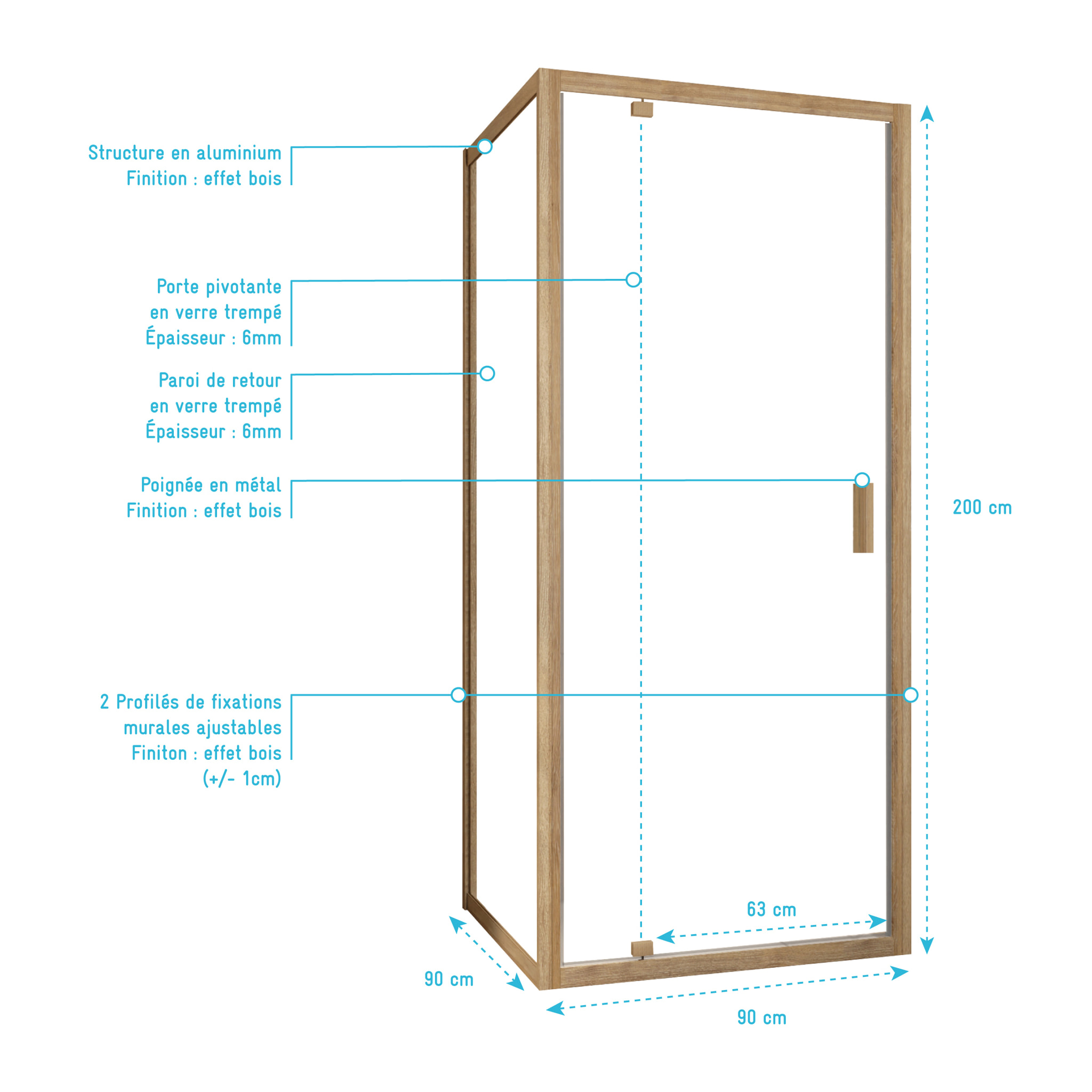 Porte de Douche Pivotante et Retour 90x90x200cm - Profilés Alu Effet Bois - Verre Trempé 6mm