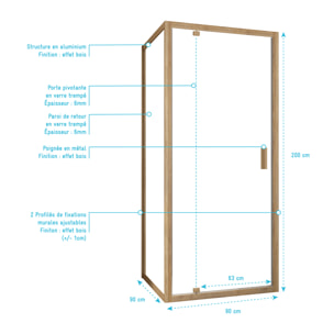 Porte de Douche Pivotante et Retour 90x90x200cm - Profilés Alu Effet Bois - Verre Trempé 6mm
