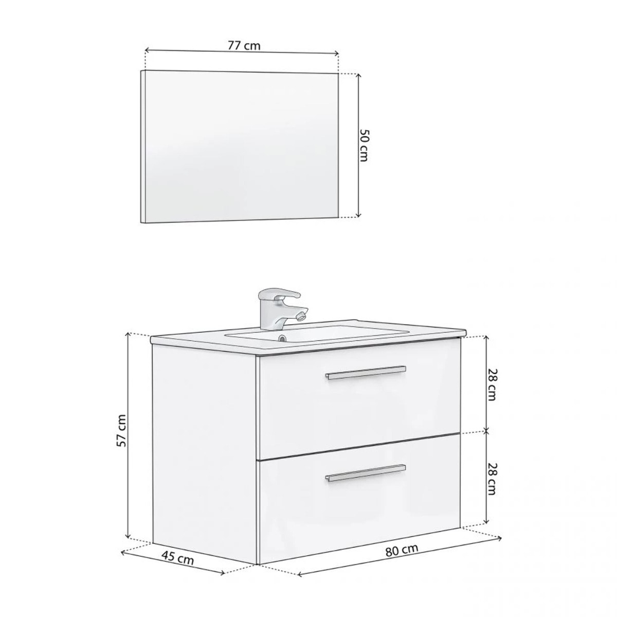 Mueble de baño con espejo Feel 2 cajones Blanco Brillo