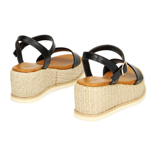 Zeppe nere, platform rafia 6,5 cm