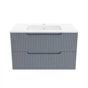 Meuble de Salle de Bains LEON 80cm Gris - 2 Tiroirs en MDF Ondulés - Vasque à encastrer