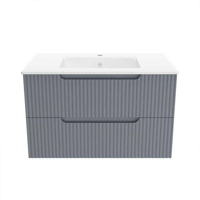 Meuble de Salle de Bains LEON 80cm Gris - 2 Tiroirs en MDF Ondulés - Vasque à encastrer