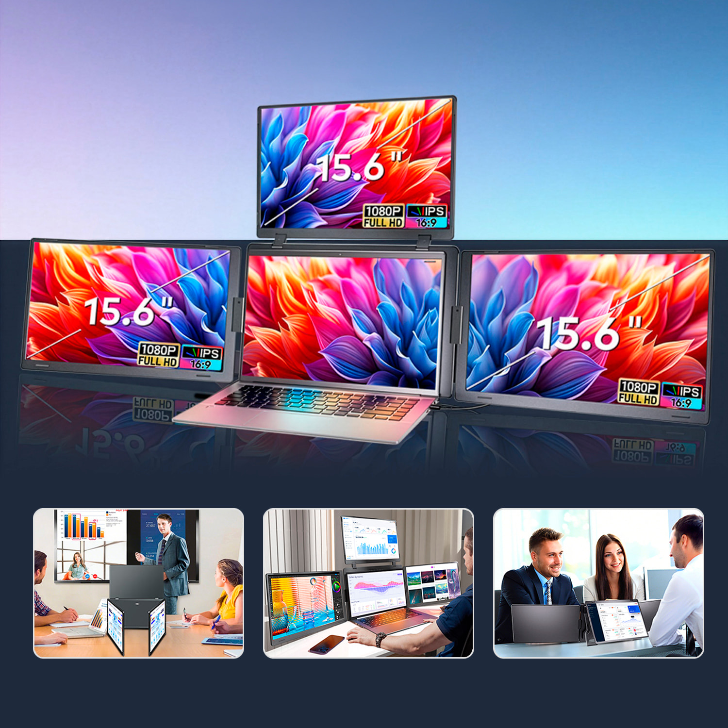 Monitor portátil triple S888 Pro de 15.6” con triple pantalla IPS 1920x1080 16:9. Compatible con laptops Windows y MacOS. Incluye bolsa de transporte.
