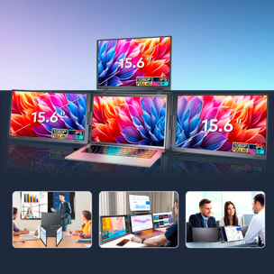 Monitor portátil triple S888 Pro de 15.6” con triple pantalla IPS 1920x1080 16:9. Compatible con laptops Windows y MacOS. Incluye bolsa de transporte.