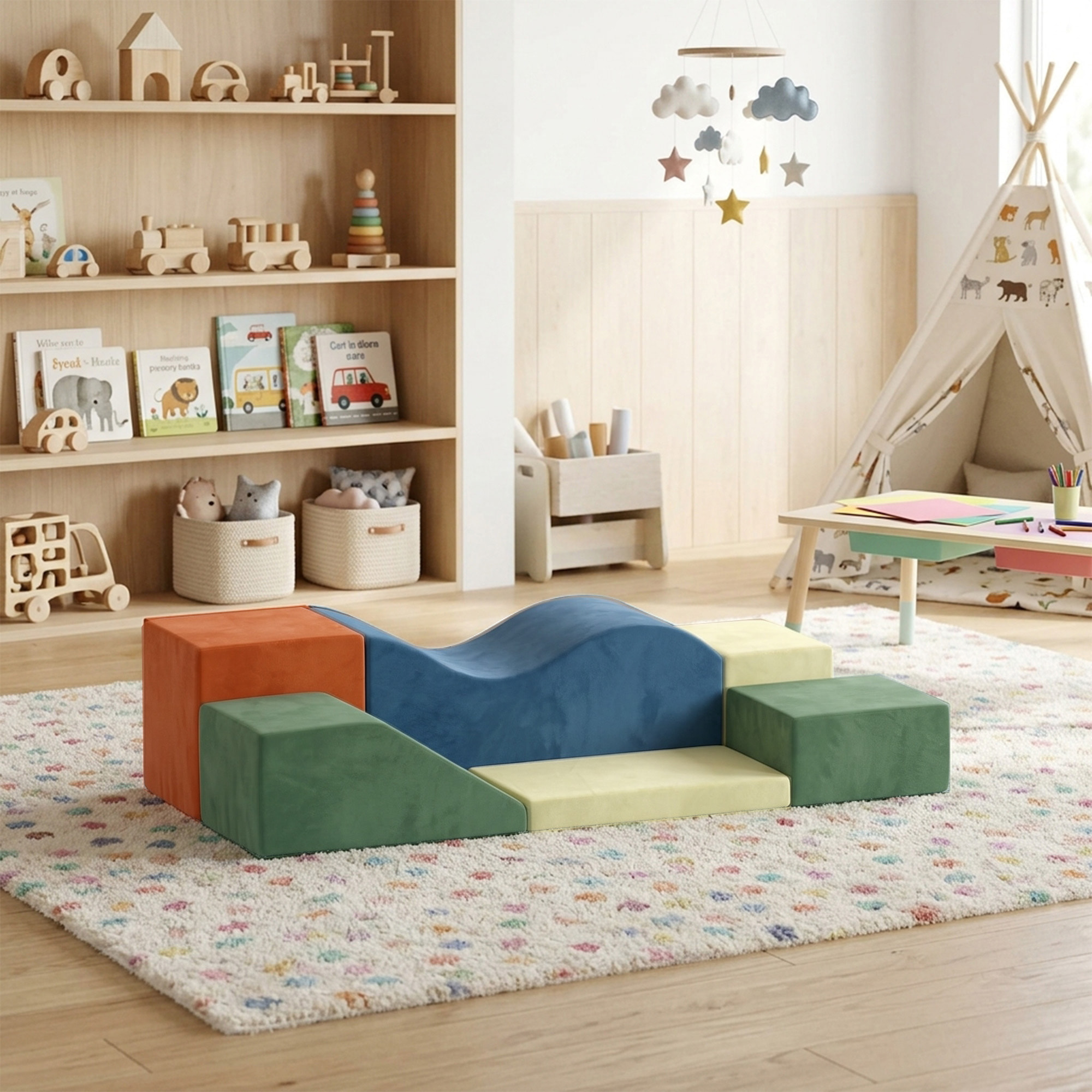 Parcours motricité 6 pièces variées tissu velours multicolore