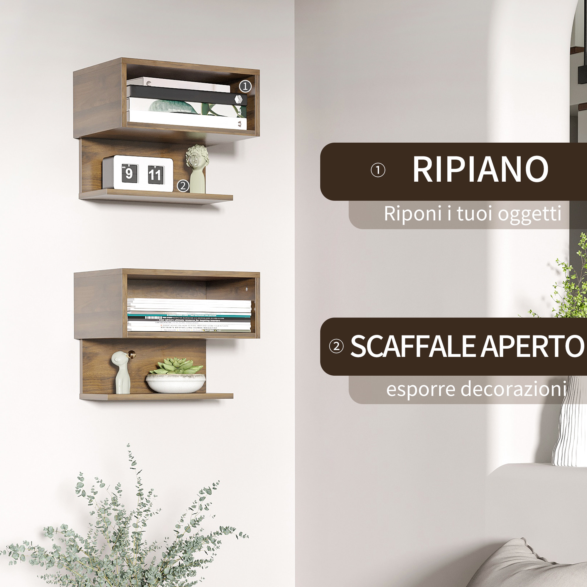 HOMCOM Scaffale a Parete color Noce, Set 2 Pezzi in MDF con Ripiano Aperto e Piano d'Appoggio, 40x29.5x33.5 cm