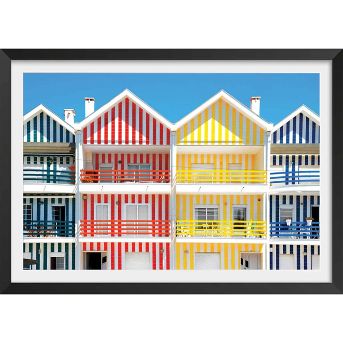Affiche welcometoportugal houses of striped colors Affiche + cadre en bois - Noir