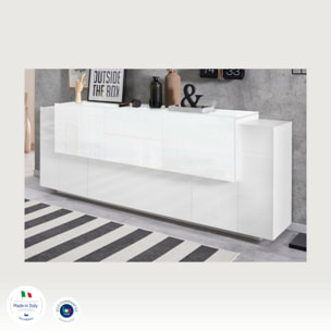 Credenza Cesare, Madia da cucina a 5 ante e 2 cassetti, Buffet da soggiorno, Madia da cucina, 100% Made in Italy, cm 220x45h86, Bianco lucido