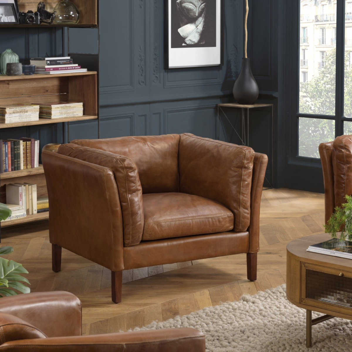 GASTON - Fauteuil marron MILANO vintage cuir 1 place pieds bois