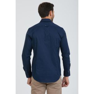 Camicia Uomo 2 Bottoni Button Down Slim Popeline Stretch Unito Blu