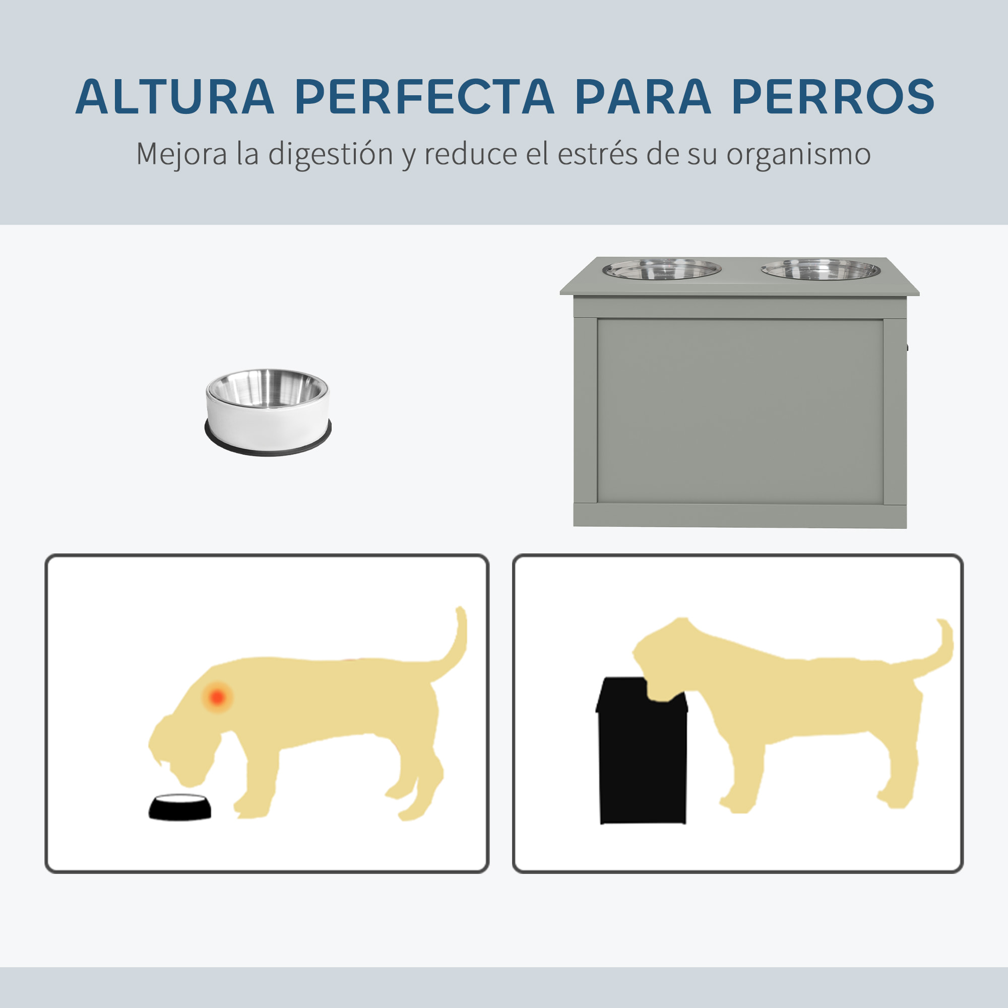 Comedero Perro Elevado con 2 Cuencos de Acero Inoxidable 2x2000 ml Comedero Elevado para Perros Grandes con Tapa Abatible y Almacenamiento Oculto Gris