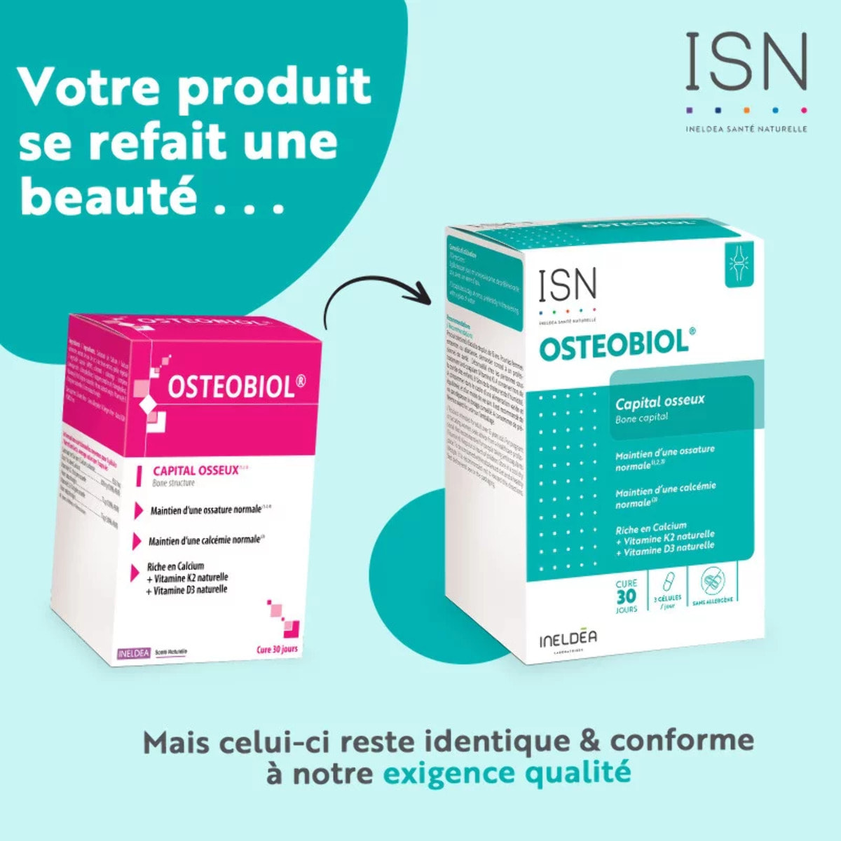 ISN - Osteobiol®- Complément alimentaire riche en calcium, vitamines D3 et K2 d'origine naturelle - Maintien de la densité osseuse - Sans allergène - Cure de 30 jours