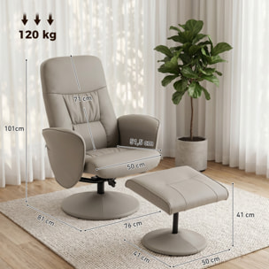 Sillón Relax Reclinable con Reposapiés, Sillón Relax de Cuero Sintético con Respaldo Alto, Giratorio 360°, Reposabrazos, para Salón, Dormitorio, Beige Gris