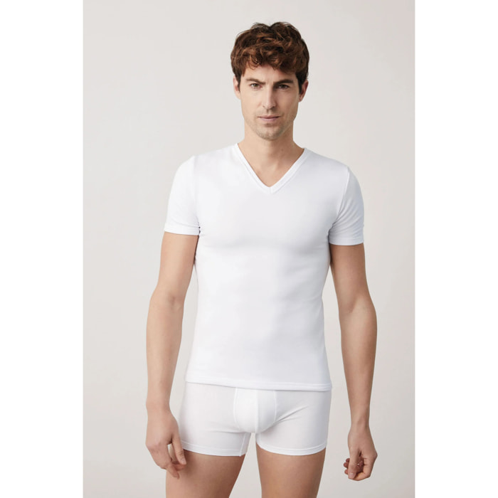 Maglia termica con scollo a V e maniche corte, bianca