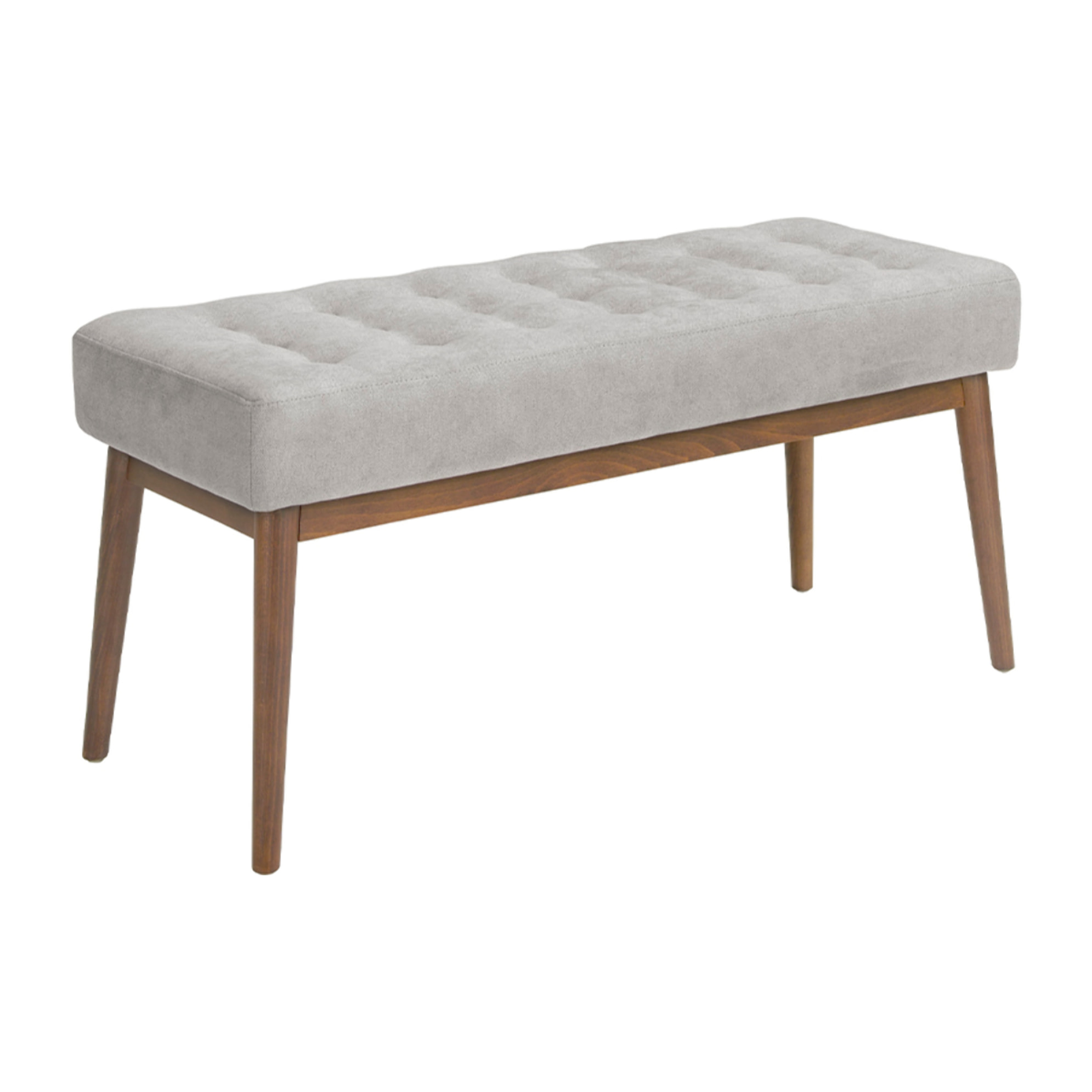 Banqueta tapizada en tela gris oscuro con estructura de patas de madera en nogal 100x40x45cm